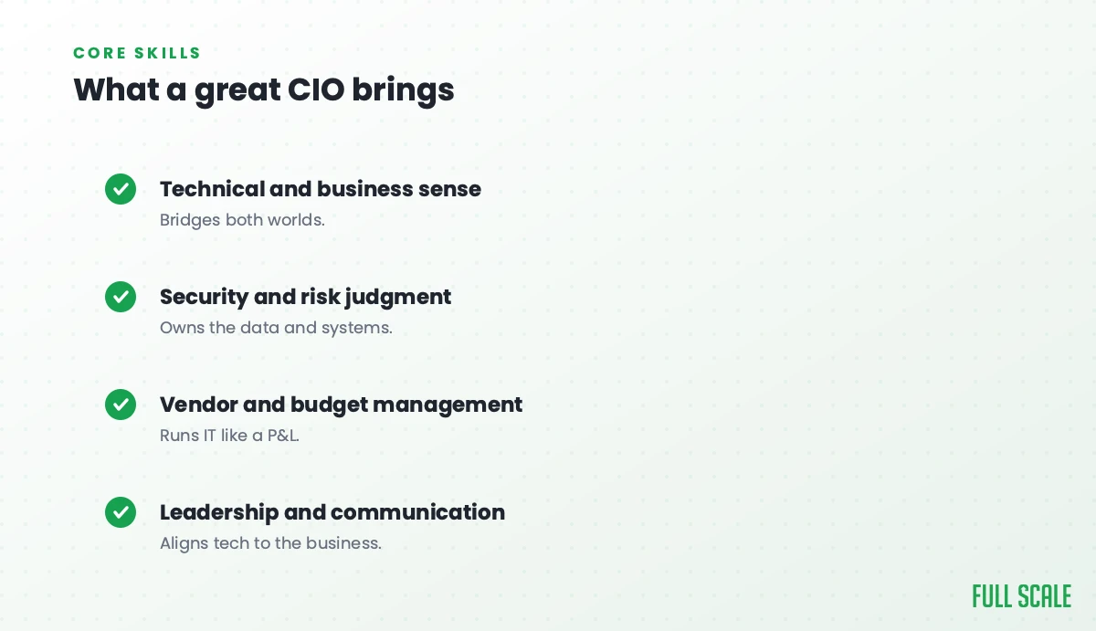 A great CIO blends technical and business sense, security and risk judgment, vendor and budget management, and leadership.