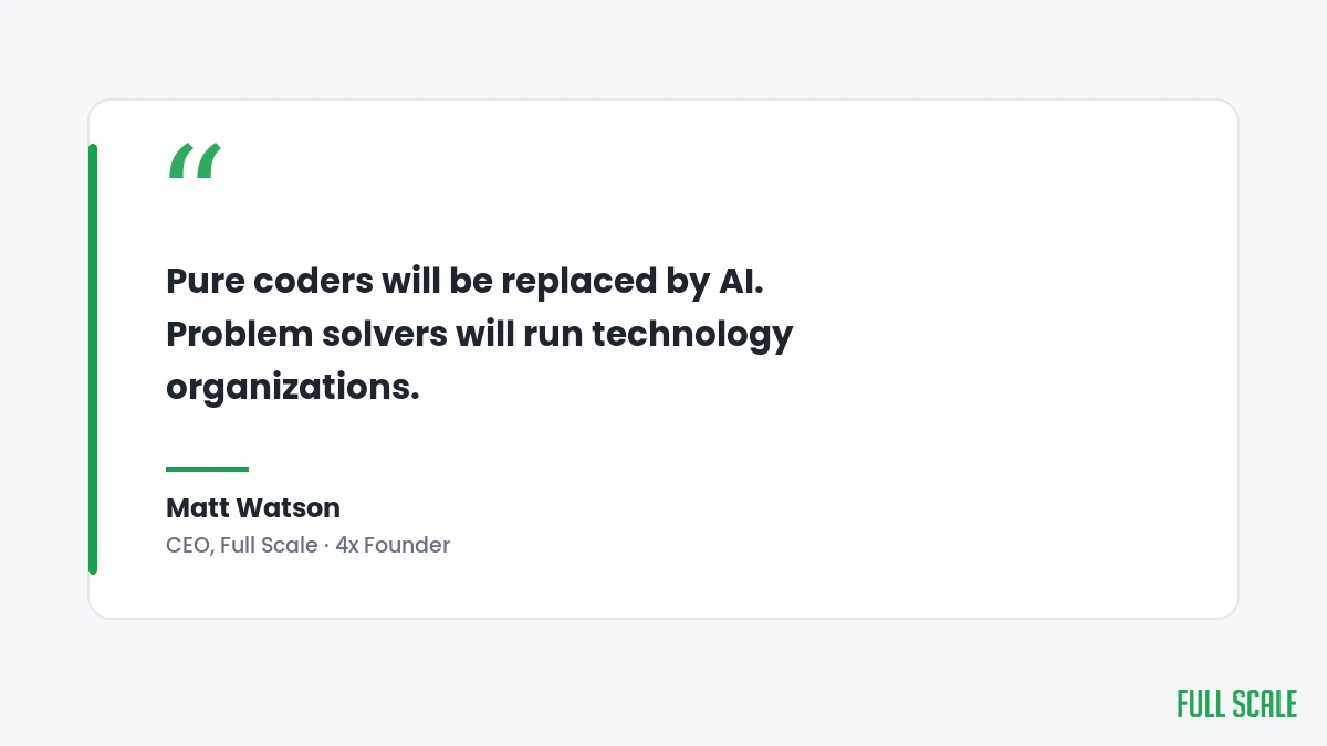 Matt Watson quote: pure coders will be replaced by AI, problem solvers will run technology organizations