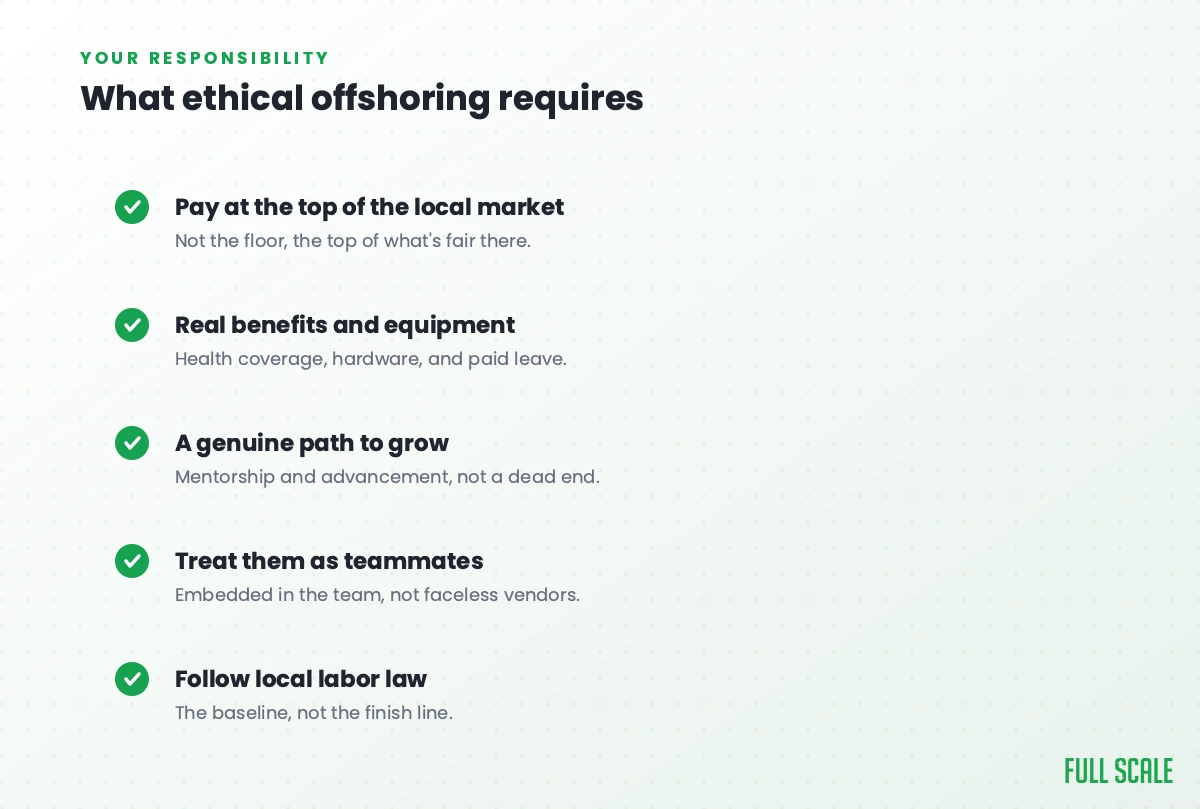 What ethical offshoring requires: pay at the top of the local market, provide real benefits and equipment, offer a genuine path to grow, treat people as teammates not vendors, and follow local labor law.