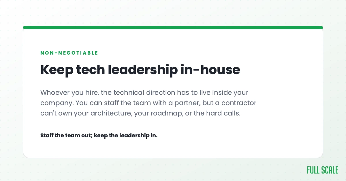Keep technical leadership in-house: whoever you hire, the technical direction has to live inside your company. You can staff the team with a partner, but a contractor can't own your architecture, your roadmap, or the hard calls. Staff the team out; keep the leadership in.