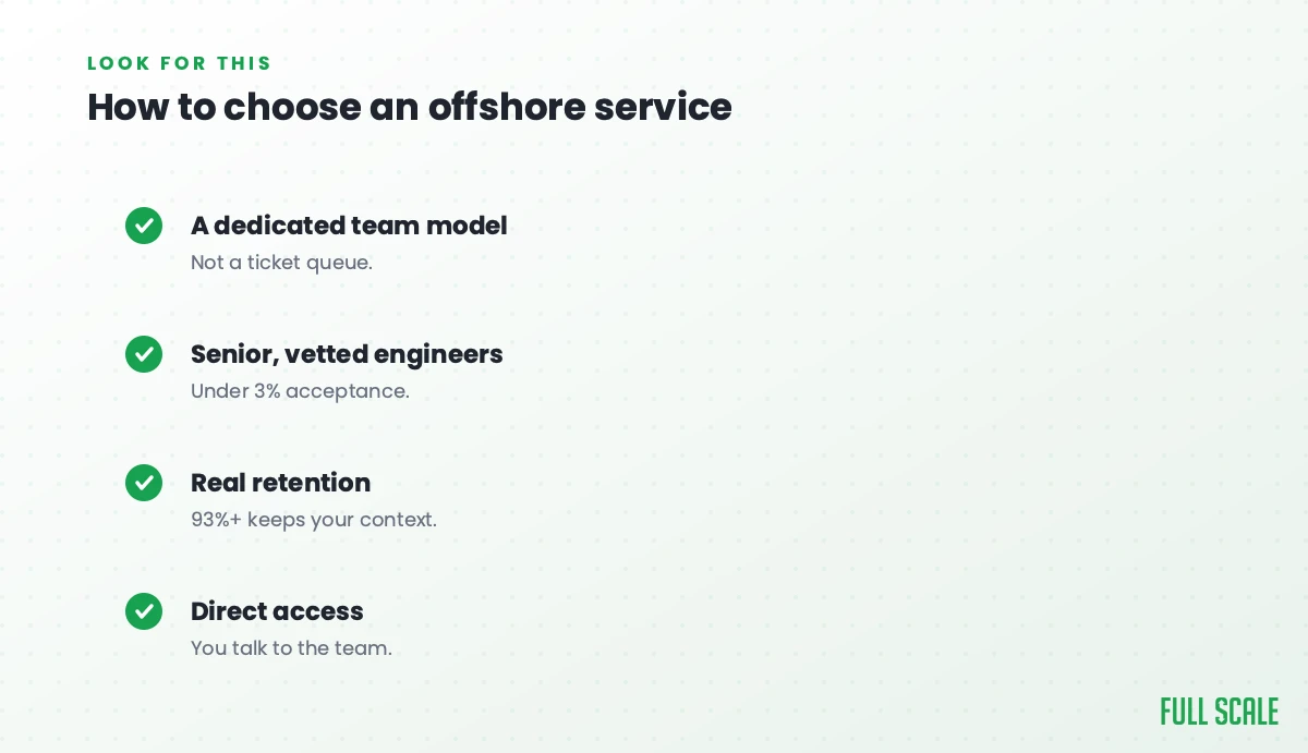 How to choose an offshore application development service: a dedicated team model, not a ticket queue; senior, vetted engineers with under 3% acceptance; real retention, since 93%+ keeps your context; and direct access, so you talk to the team.