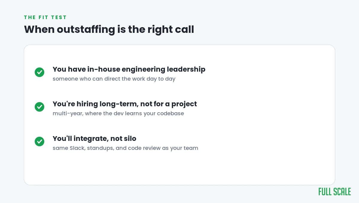 When outstaffing is the right call: in-house engineering leadership, long-term hiring, and full team integration