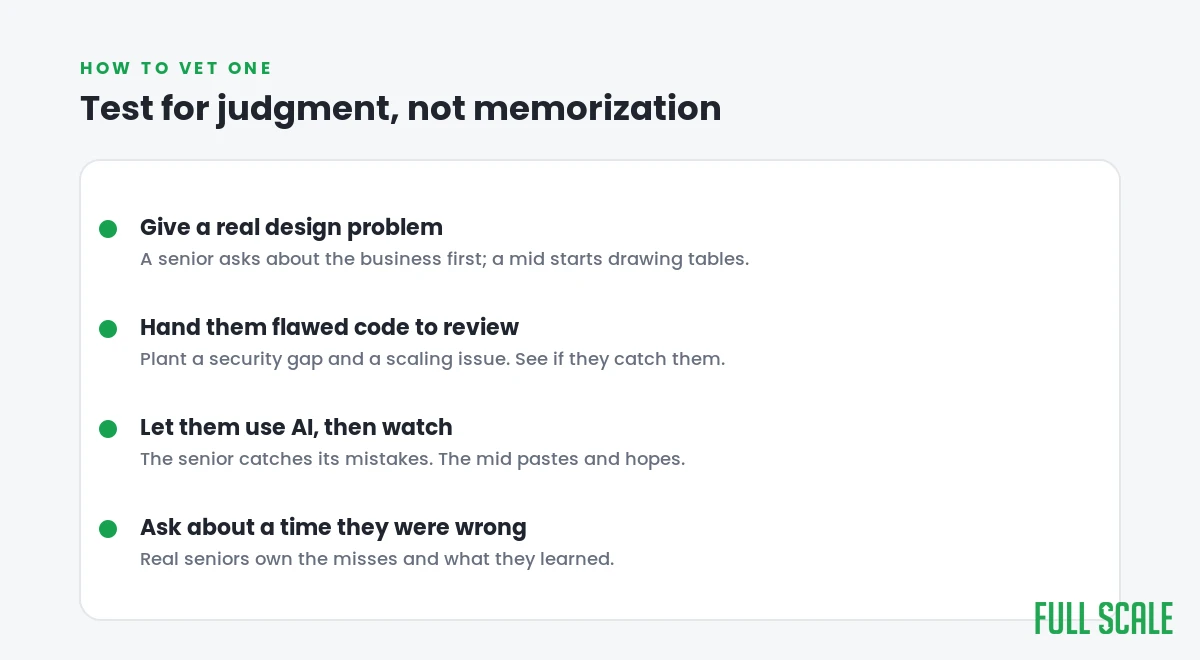 How to vet a senior backend engineer: test for judgment, not memorization