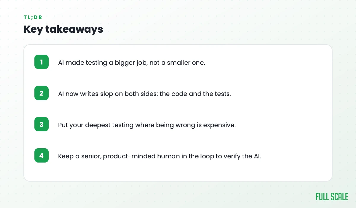 Key takeaways: AI made testing a bigger job; AI now writes slop on both sides, the code and the tests; put your deepest testing where being wrong is expensive; keep a senior, product-minded human in the loop to verify the AI.