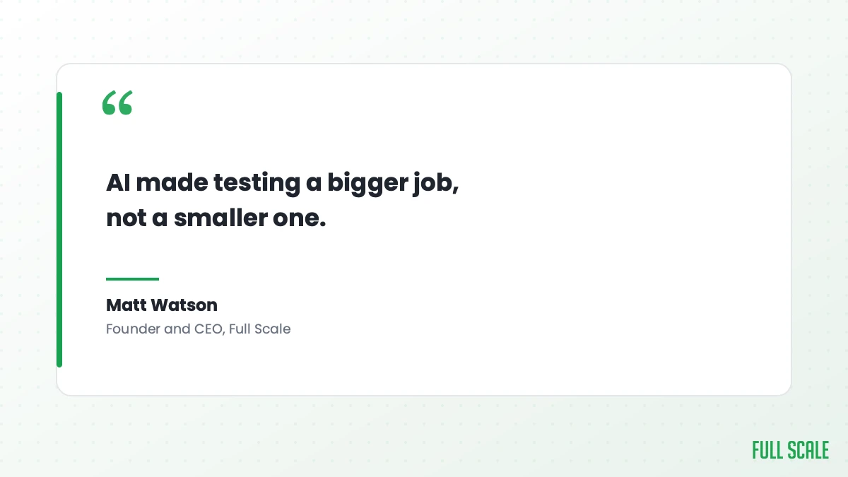 Matt Watson, Founder and CEO of Full Scale: AI made testing a bigger job, not a smaller one.