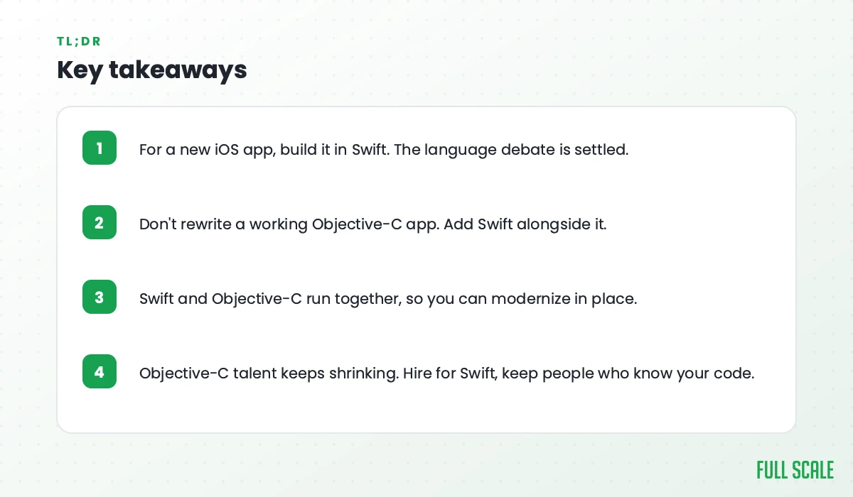 Key takeaways: for a new iOS app build it in Swift since the language debate is settled; don't rewrite a working Objective-C app, add Swift alongside it; Swift and Objective-C run together so you can modernize in place; Objective-C talent keeps shrinking, so hire for Swift and keep people who know your code.