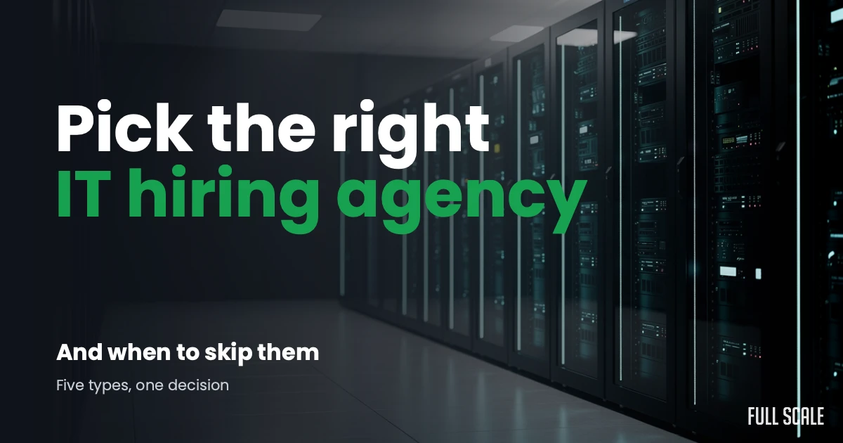 A row of server racks in a dimly lit room with the text "Pick the right IT hiring agency and when to skip them. Five types, one decision.