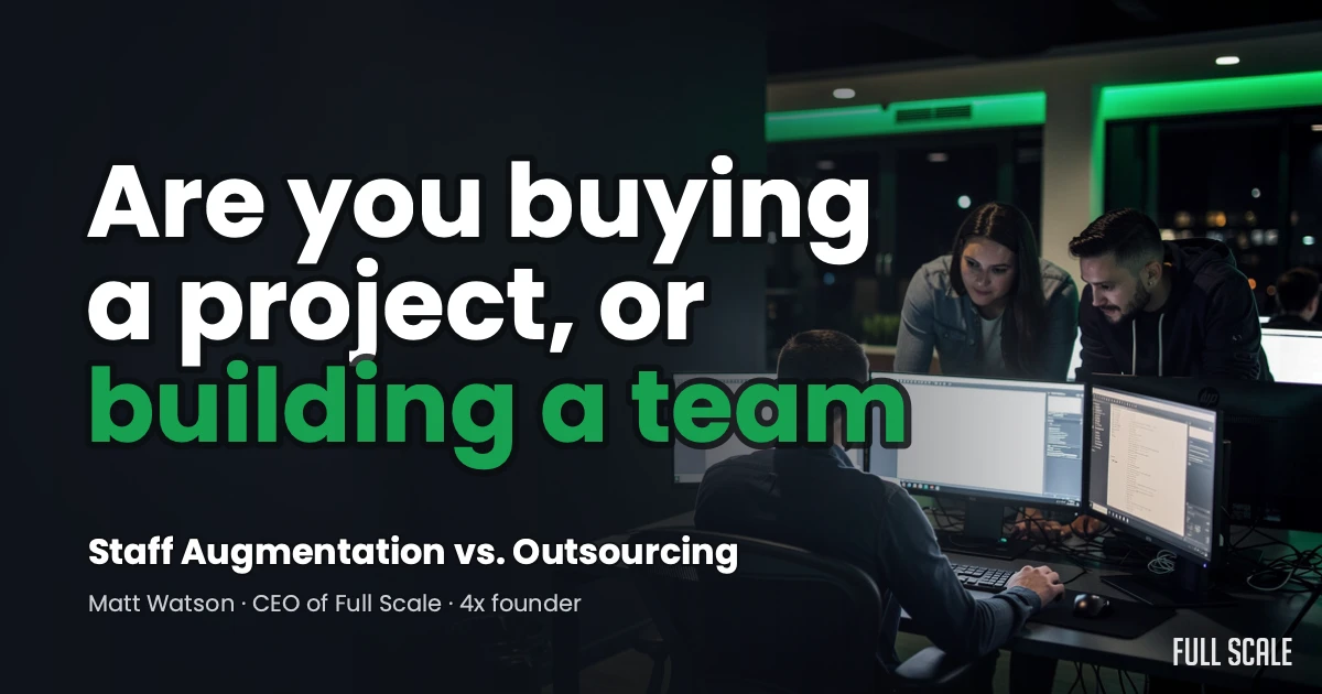 Two people discuss work while standing by a seated colleague at computer monitors in a dimly lit office; text asks about buying a project or building a team.