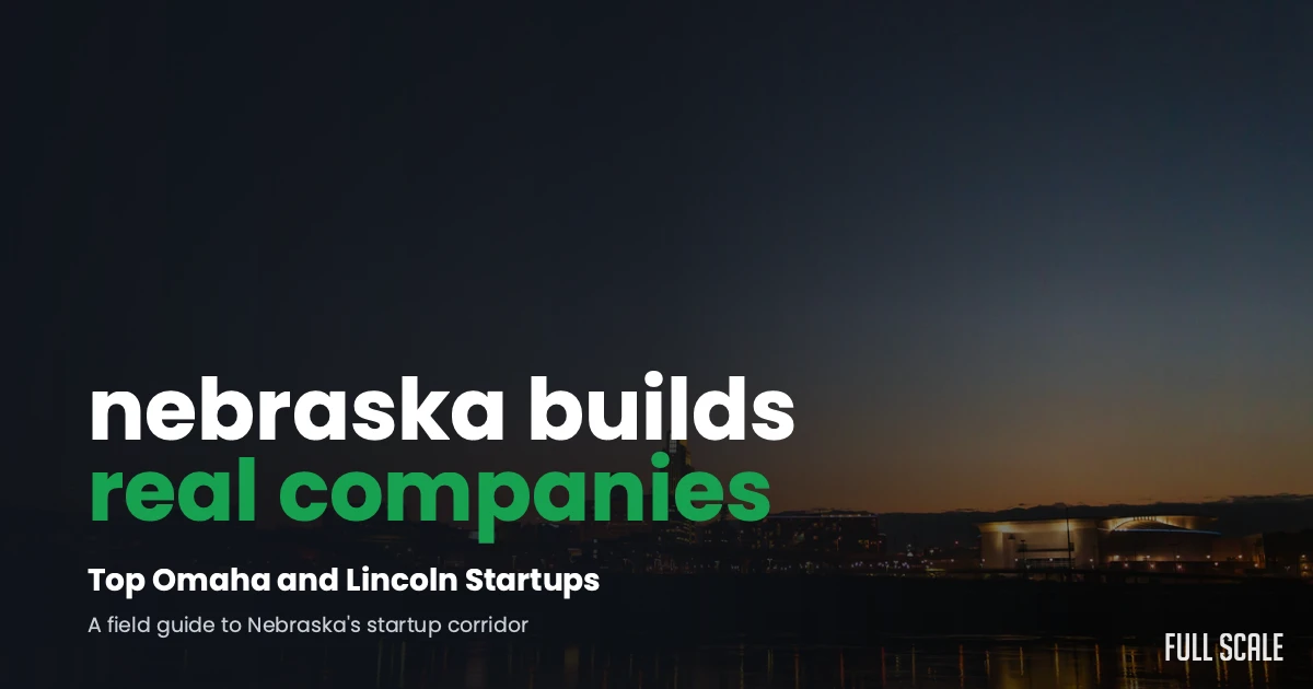 A dark cityscape with text that reads, "Nebraska builds real companies. Top Omaha and Lincoln Startups. A field guide to Nebraska’s startup corridor. Full Scale.