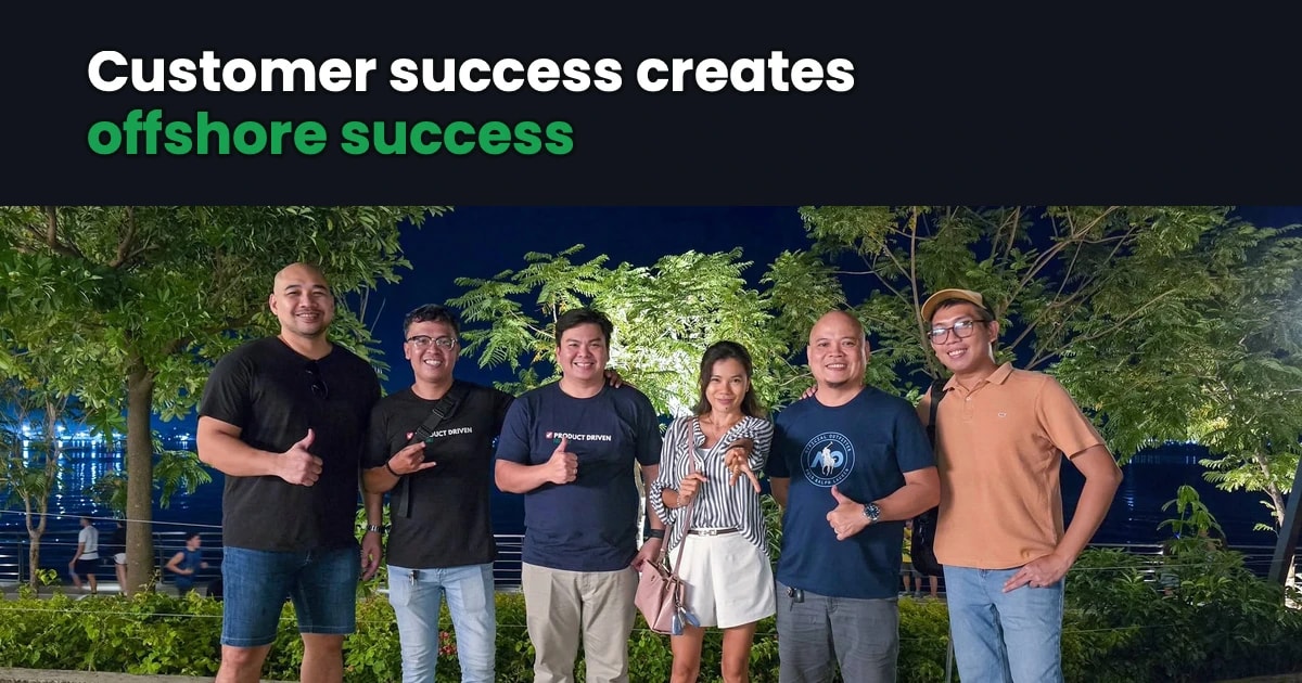 Full Scale customer success managers at a nighttime team meetup, under the headline: Customer success creates offshore success