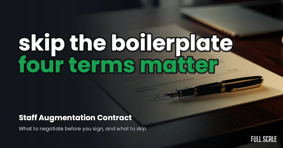 A pen lies on a contract document; large text reads, "skip the boilerplate, four terms matter," with smaller text about staff augmentation contracts.