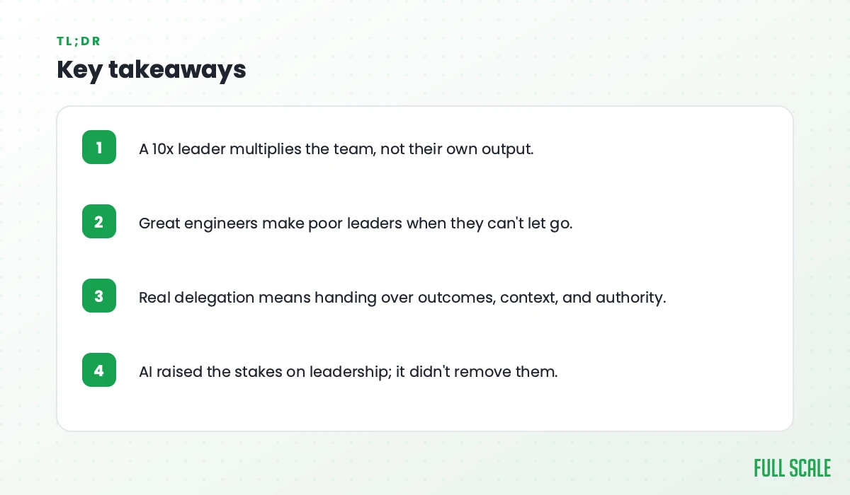 Key takeaways: a 10x leader multiplies the team, not their own output; great engineers make poor leaders when they can't let go; real delegation means handing over outcomes, context, and authority; AI raised the stakes on leadership, it didn't remove them.
