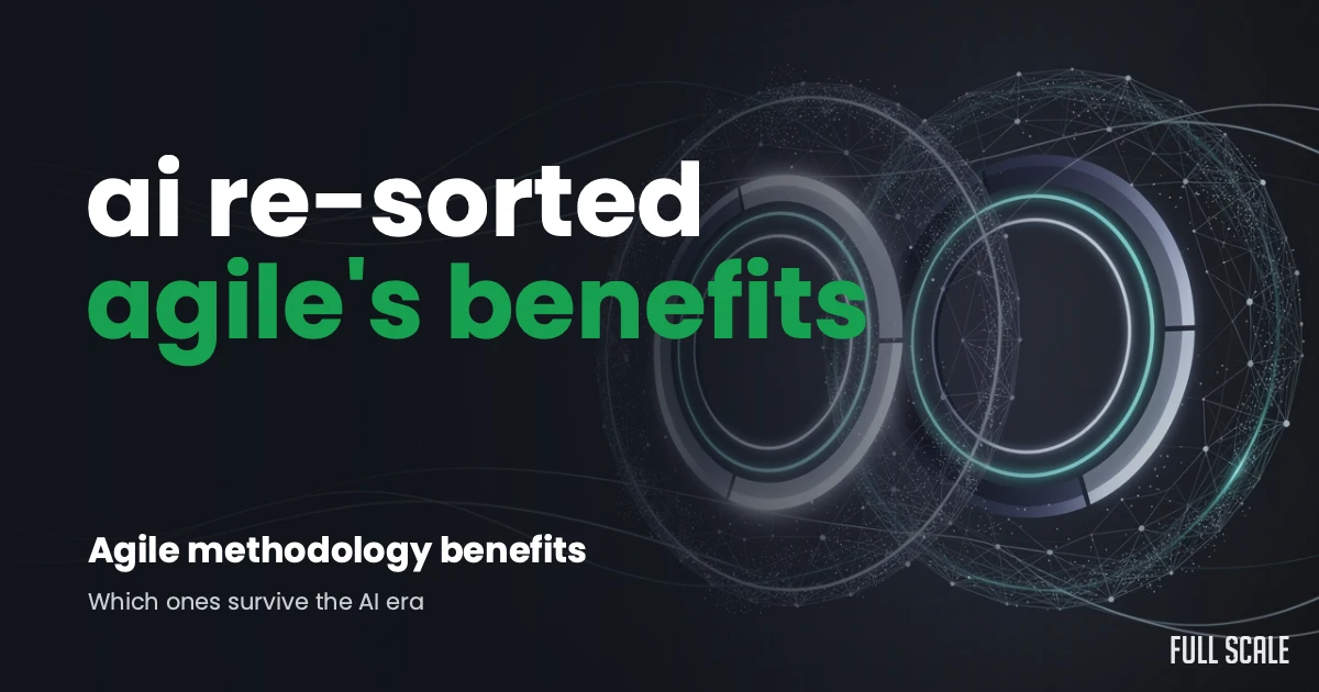 Digital graphic with the text "ai re-sorted agile's benefits" and "Agile methodology benefits: Which ones survive the AI era" on a dark background with abstract circular designs.