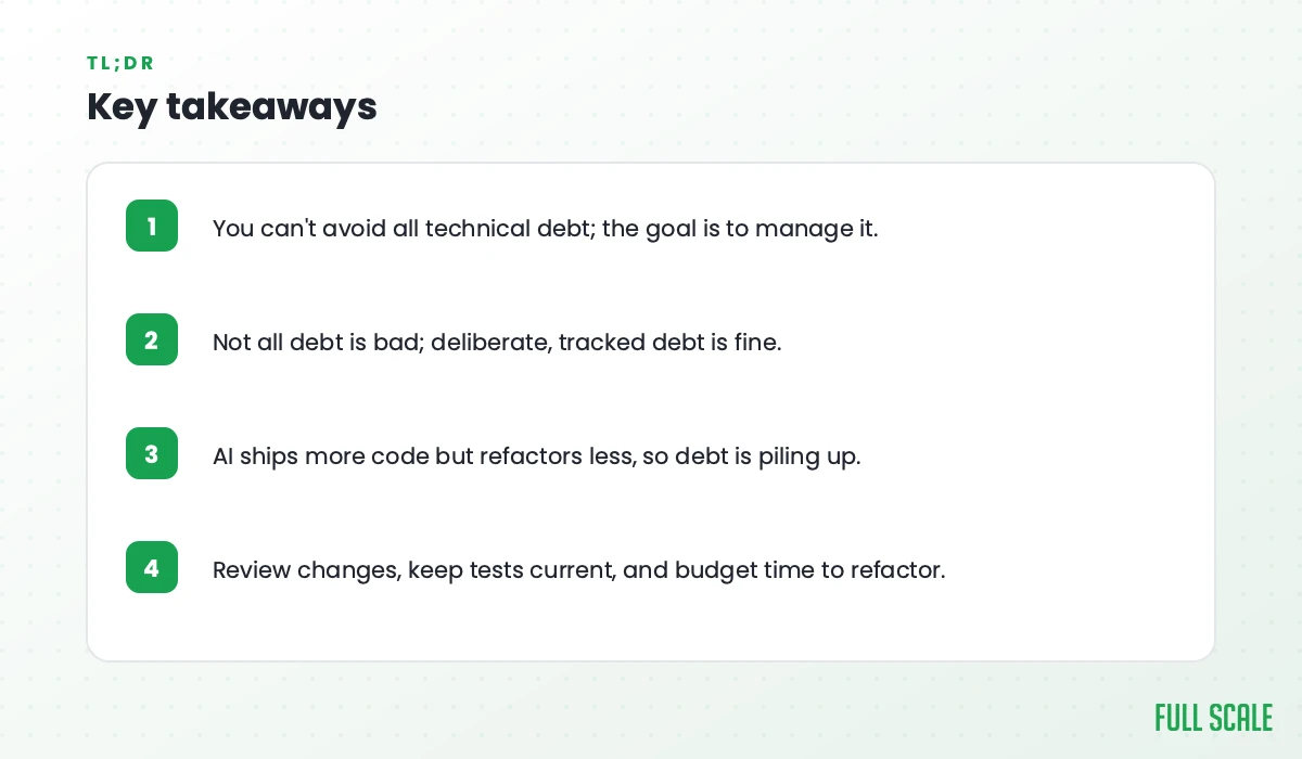 Key takeaways: you can't avoid all technical debt, the goal is to manage it; not all debt is bad, deliberate and tracked debt is fine; AI ships more code but refactors less, so debt is piling up; review changes, keep tests current, and budget time to refactor.