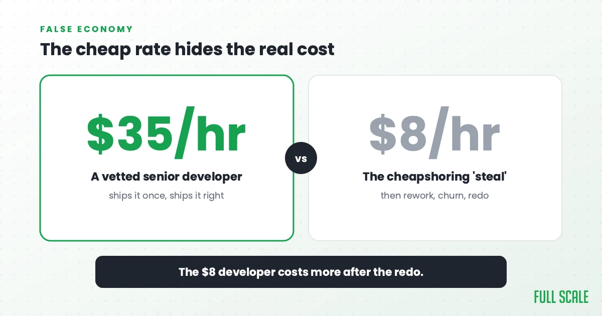 The cheap rate hides the real cost: a vetted senior developer at $35/hr ships it once and ships it right, while the $8/hr cheapshoring 'steal' means rework, churn, and a redo. The $8 developer costs more after the redo.