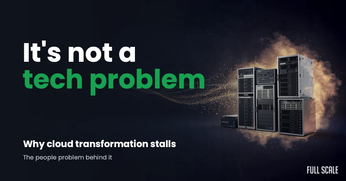 Several computer servers appear with digital dust behind them, alongside text stating cloud transformation stalls due to people, not technical, problems.