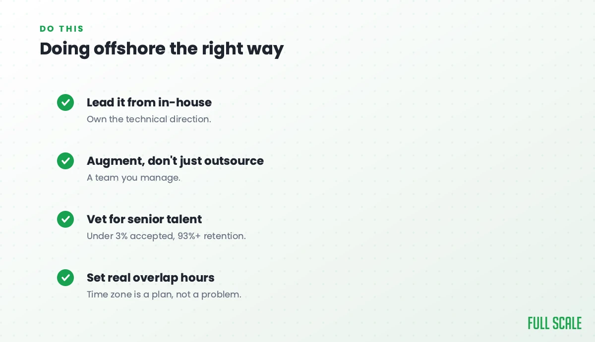 Doing offshore the right way: lead it from in-house and own the technical direction, augment rather than just outsource so it's a team you manage, vet for senior talent with under 3% accepted and 93%+ retention, and set real overlap hours since time zone is a plan, not a problem.