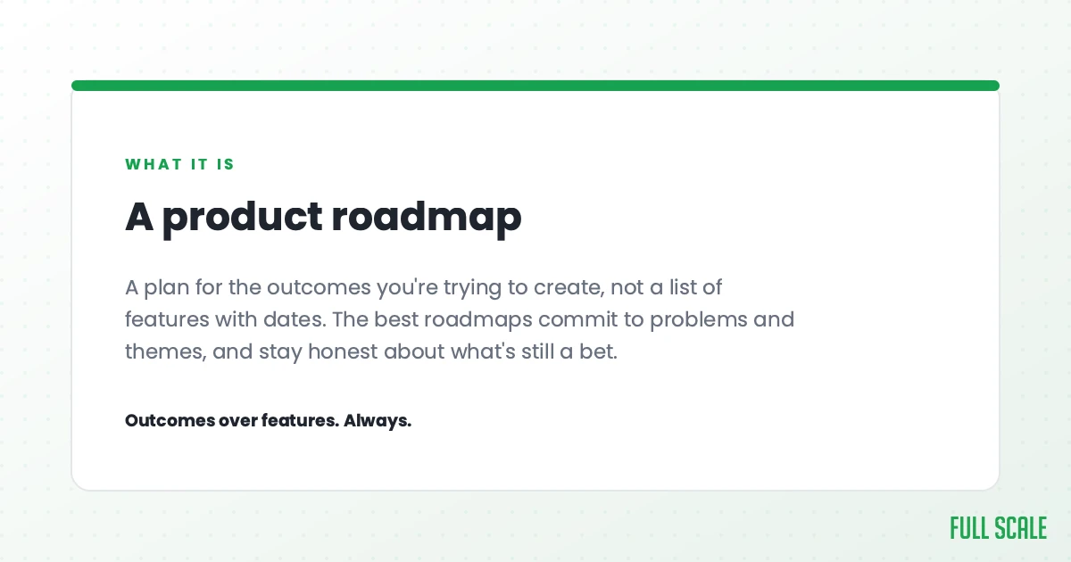 A product roadmap is a plan for the outcomes you're trying to create, not a list of features with dates. The best roadmaps commit to problems and themes and stay honest about what's still a bet. Outcomes over features, always.