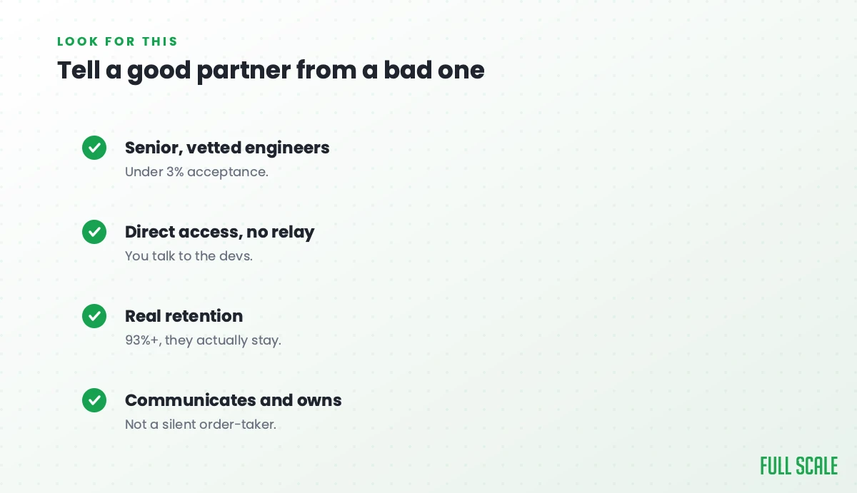 How to tell a good offshore partner from a bad one: senior, vetted engineers with under 3% acceptance; direct access with no relay, so you talk to the devs; real retention, 93%+, so they actually stay; and someone who communicates and owns the work, not a silent order-taker.