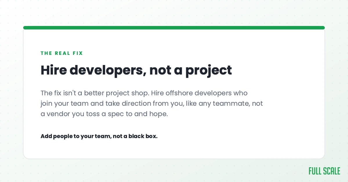 Hire developers, not a project: the fix isn't a better project shop. Hire offshore developers who join your team and take direction from you, like any teammate, not a vendor you toss a spec to and hope. Add people to your team, not a black box.