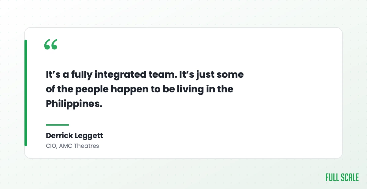 Quote from Derrick Leggett, CIO of AMC Theatres: It's a fully integrated team. It's just some of the people happen to be living in the Philippines.