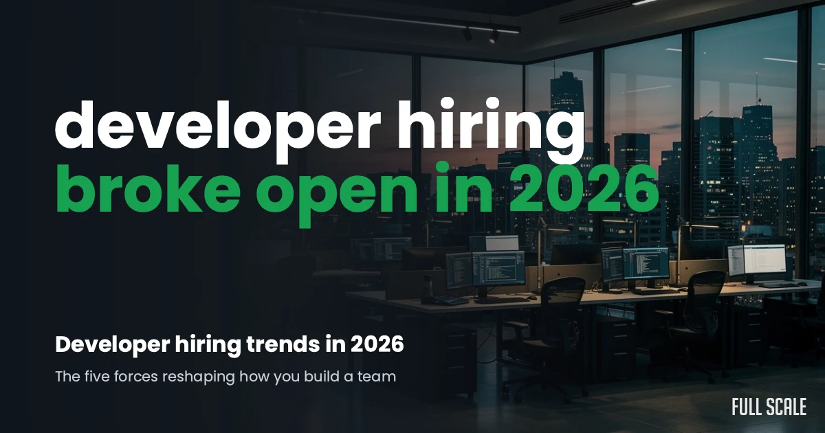 Modern office with empty desks and multiple computer monitors at night; large text reads "developer hiring broke open in 2026.