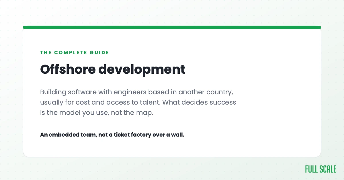 Offshore development means building software with engineers based in another country, usually for cost and access to talent. What decides success is the engagement model you use, not the map.