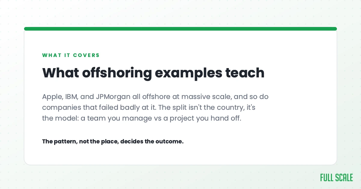 What offshoring examples teach: Apple, IBM, and JPMorgan all offshore at massive scale, and so do companies that failed badly at it. The split isn't the country, it's the model, a team you manage vs a project you hand off. The pattern, not the place, decides the outcome.