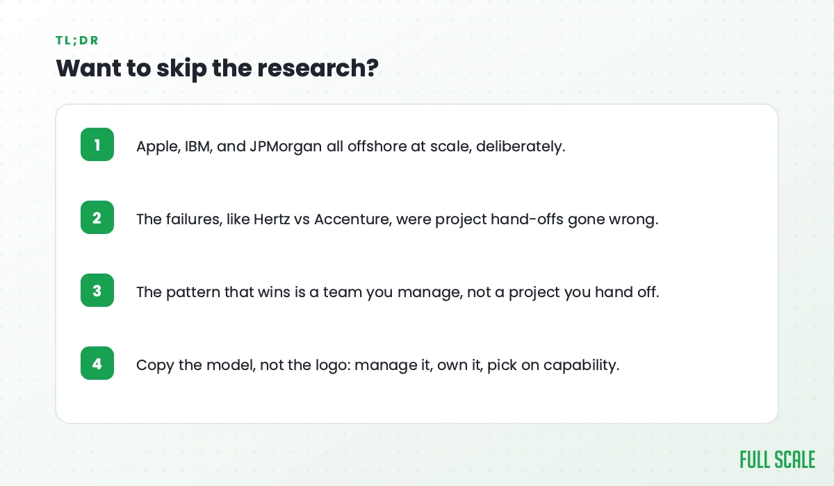 Key takeaways: Apple, IBM, and JPMorgan all offshore at scale, deliberately; the failures, like Hertz vs Accenture, were project hand-offs gone wrong; the pattern that wins is a team you manage, not a project you hand off; copy the model, not the logo, by managing it, owning it, and picking on capability.
