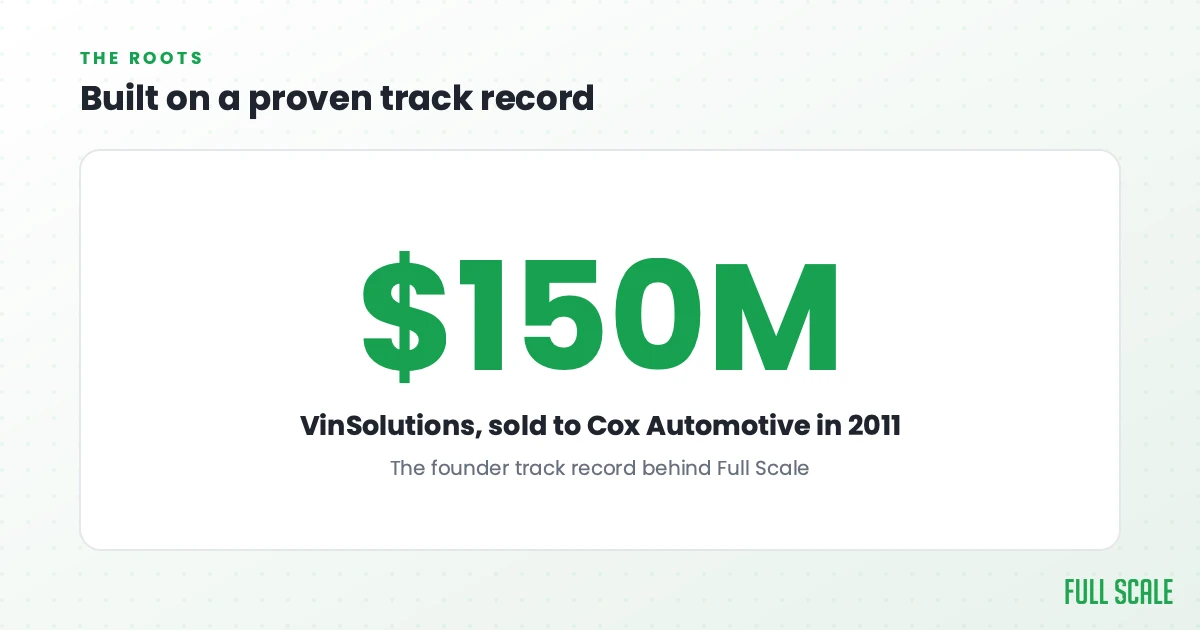 Built on a proven track record: the founding story runs back to VinSolutions, sold to Cox Automotive in 2011 for $150 million, the founder track record behind Full Scale.