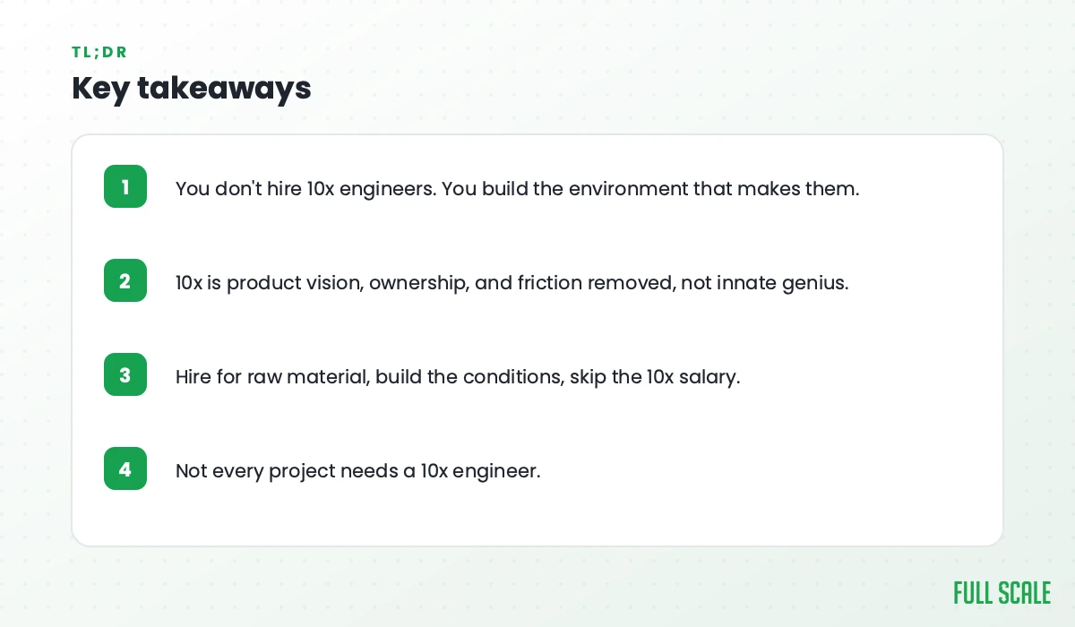 Key takeaways: you don't hire 10x engineers, you build the environment that makes them; 10x is product vision, ownership, and friction removed, not innate genius; hire for raw material, build the conditions, and skip the 10x salary; not every project needs a 10x engineer.