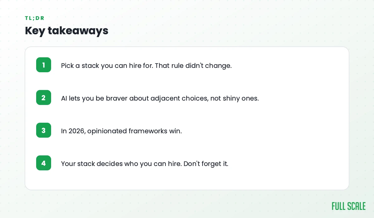 Key takeaways: pick a stack you can hire for because that rule didn't change; AI lets you be braver about adjacent choices, not shiny ones; in 2026 opinionated frameworks win; your stack decides who you can hire.