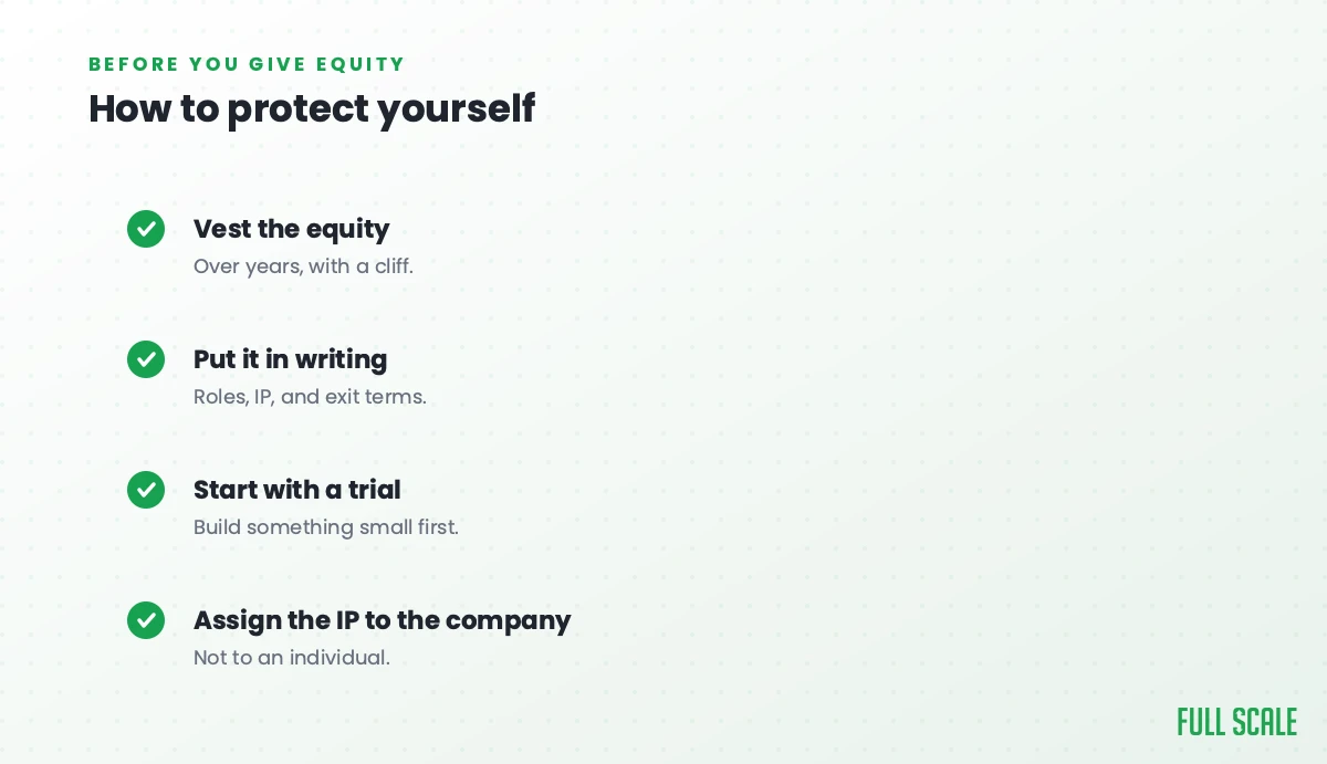 How to protect yourself before giving equity: vest the equity over years with a cliff, put it in writing with roles, IP, and exit terms, start with a trial by building something small first, and assign the IP to the company, not to an individual.