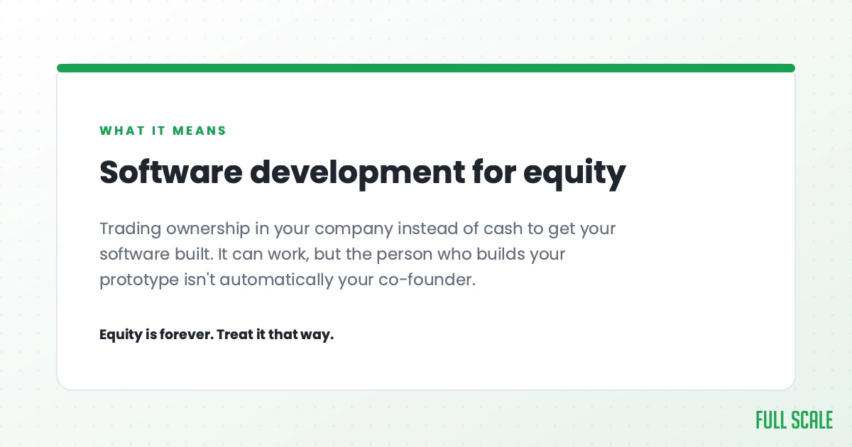 Software development for equity means trading ownership in your company instead of cash to get your software built. It can work, but the person who builds your prototype isn't automatically your co-founder. Equity is forever, so treat it that way.