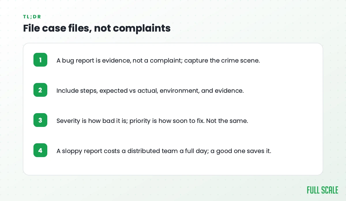 Key takeaways: a bug report is evidence, not a complaint, so capture the crime scene; include steps, expected vs actual, environment, and evidence; severity is how bad it is while priority is how soon to fix, not the same; a sloppy report costs a distributed team a full day, while a good one saves it.