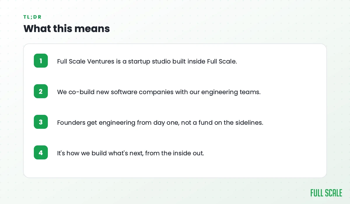 What this means: Full Scale Ventures is a startup studio built inside Full Scale; we co-build new software companies with our engineering teams; founders get engineering from day one, not a fund on the sidelines; it's how we build what's next, from the inside out.
