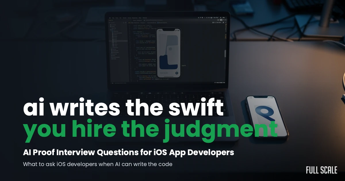 A laptop and smartphone display a Swift app interface, with text overlay about AI-assisted iOS app developer interviews.