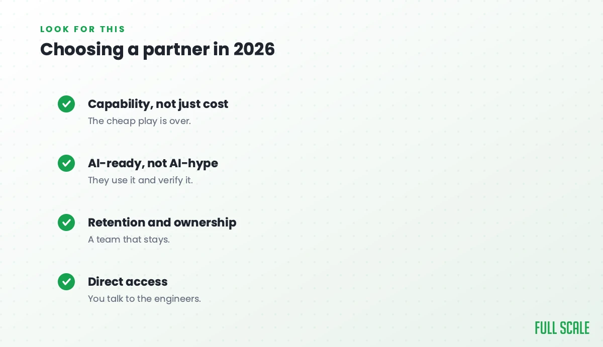 Choosing an IT outsourcing partner in 2026: capability, not just cost, since the cheap play is over; AI-ready, not AI-hype, meaning they use it and verify it; retention and ownership, a team that stays; and direct access, so you talk to the engineers.