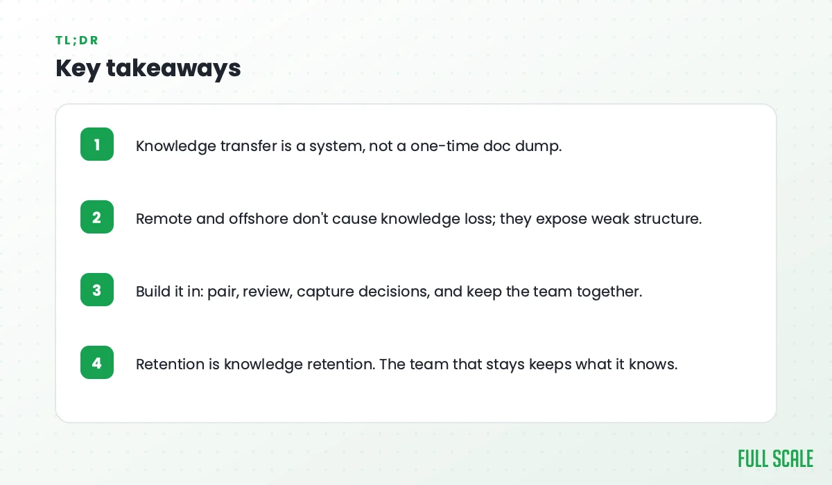 Key takeaways: knowledge transfer is a system, not a one-time doc dump; remote and offshore don't cause knowledge loss, they expose weak structure; build it in with pairing, review, captured decisions, and keeping the team together; retention is knowledge retention, since the team that stays keeps what it knows.