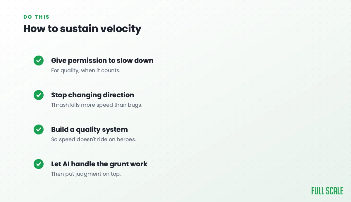 How to sustain velocity: give the team permission to slow down for quality when it counts, stop changing direction since thrash kills more speed than bugs, build a quality system so speed doesn't ride on heroes, and let AI handle the grunt work, then put judgment on top.