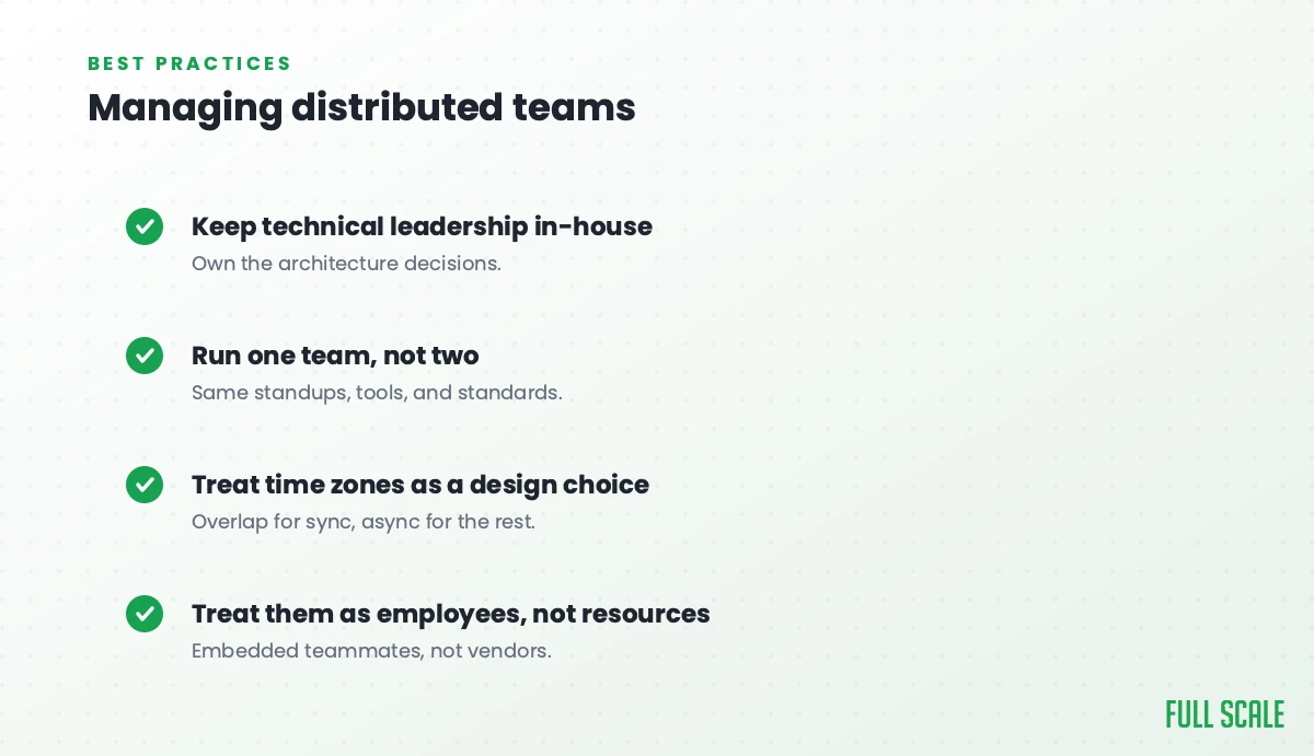 Best practices for managing distributed teams: keep technical leadership in-house, run one team not two, treat time zones as a design choice (overlap for sync, async for the rest), and treat them as employees, not resources.