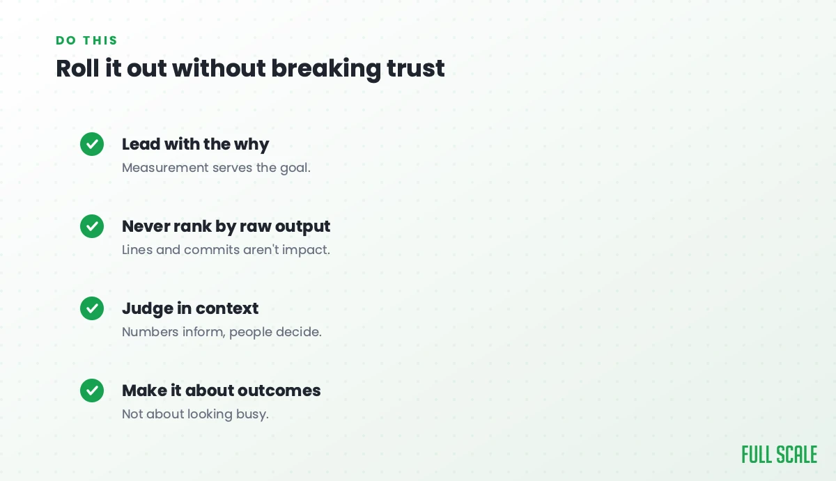 How to roll this out without breaking trust: lead with the why so measurement serves the goal, never rank by raw output since lines and commits aren't impact, judge in context because numbers inform but people decide, and make it about outcomes, not about looking busy.