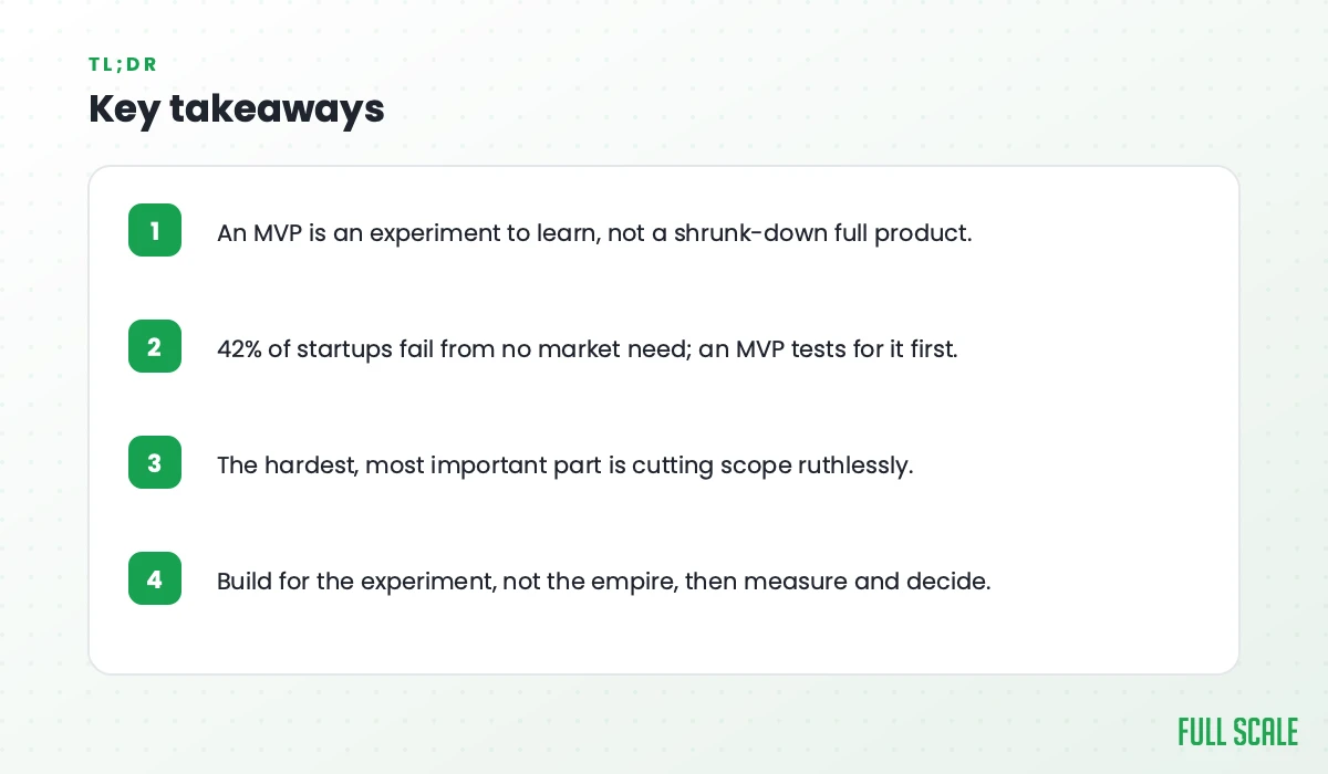 Key takeaways: an MVP is an experiment to learn, not a shrunk-down full product; 42% of startups fail from no market need, and an MVP tests for it first; the hardest, most important part is cutting scope ruthlessly; build for the experiment, not the empire, then measure and decide.