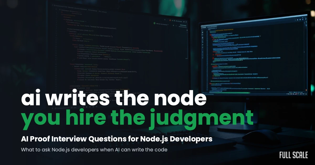 AI-proof interview questions for Node.js developers, a developer's dark workspace