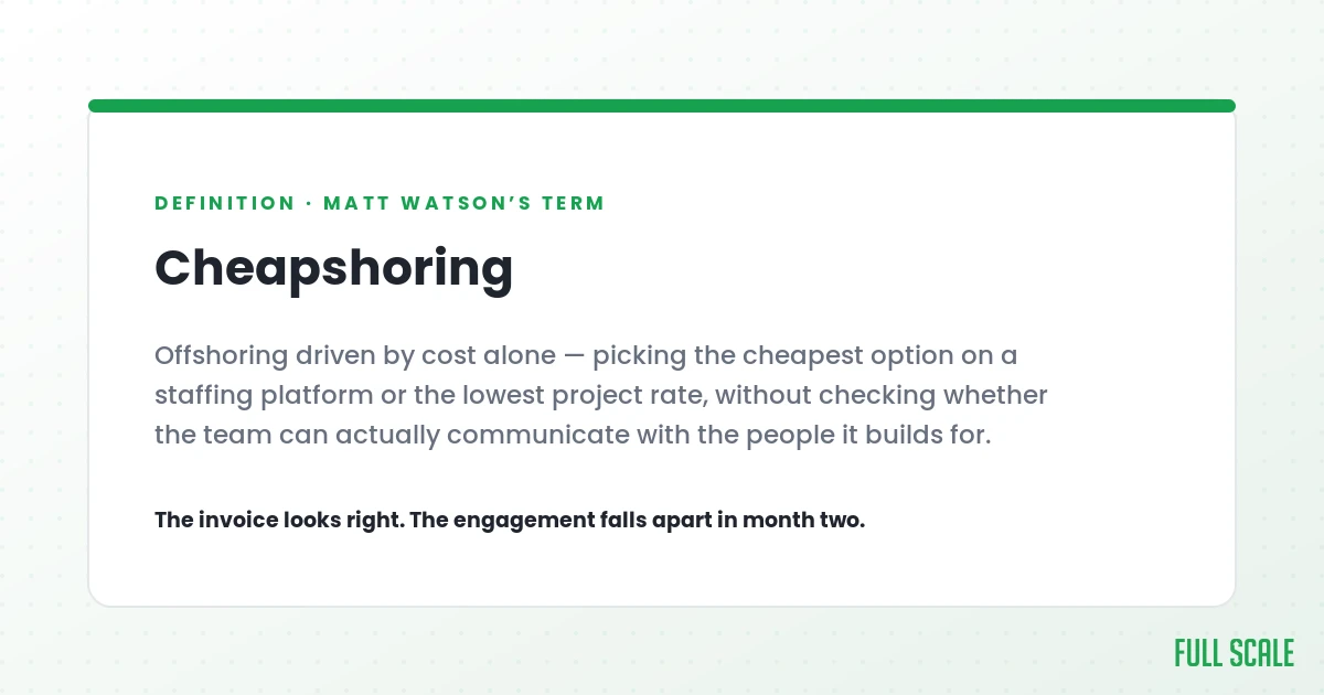 Definition of cheapshoring: offshoring driven by cost alone without checking whether the team can communicate