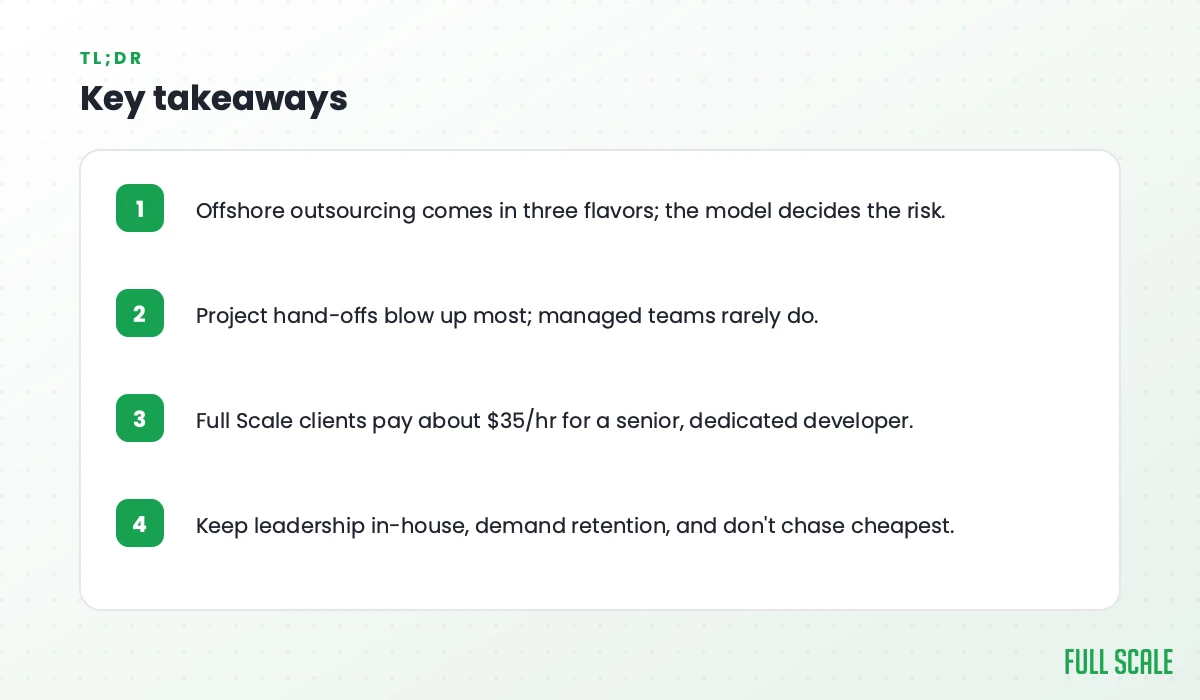 Key takeaways: offshore outsourcing comes in three flavors, and the model decides the risk; project hand-offs blow up most while managed teams rarely do; Full Scale clients pay about $35/hr for a senior, dedicated developer; keep leadership in-house, demand retention, and don't chase the cheapest.
