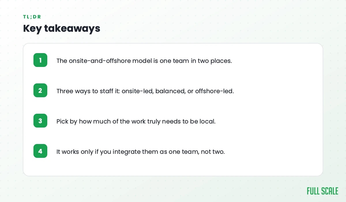 Key takeaways: the onsite-and-offshore model is one team in two places; three ways to staff it are onsite-led, balanced, or offshore-led; pick by how much of the work truly needs to be local; it works only if you integrate them as one team, not two.