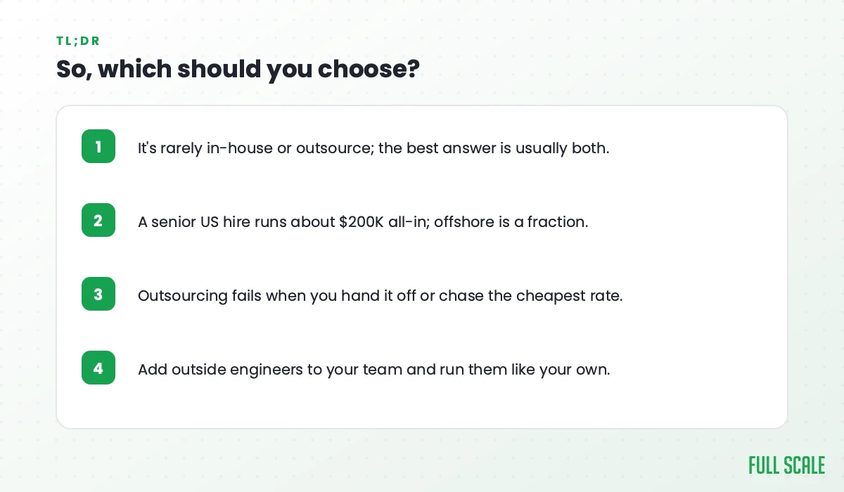 So which should you choose: it's rarely in-house or outsource, the best answer is usually both; a senior US hire runs about $200K all-in while offshore is a fraction; outsourcing fails when you hand it off or chase the cheapest rate; add outside engineers to your team and run them like your own.