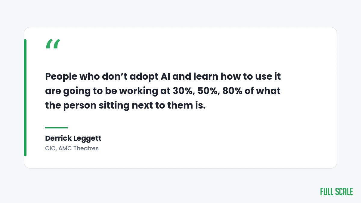 Derrick Leggett quote: people who do not adopt AI will be working at 30, 50, 80 percent of the person next to them