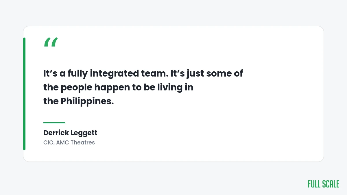 Derrick Leggett, CIO of AMC Theatres: It's a fully integrated team. It's just some of the people happen to be living in the Philippines.